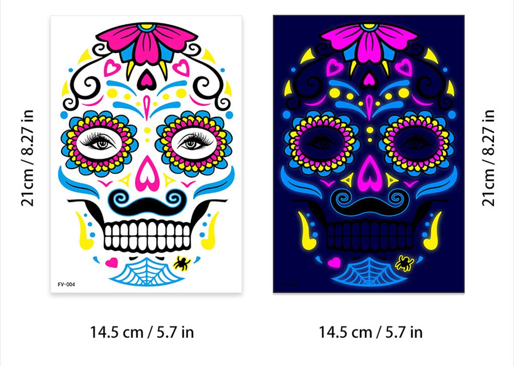 Halloween Fluorescent Stickers Funny Arm Ghost Face Waterproof Tattoo Stickers Women Men Party Supplies Masquerade Cosplay Props