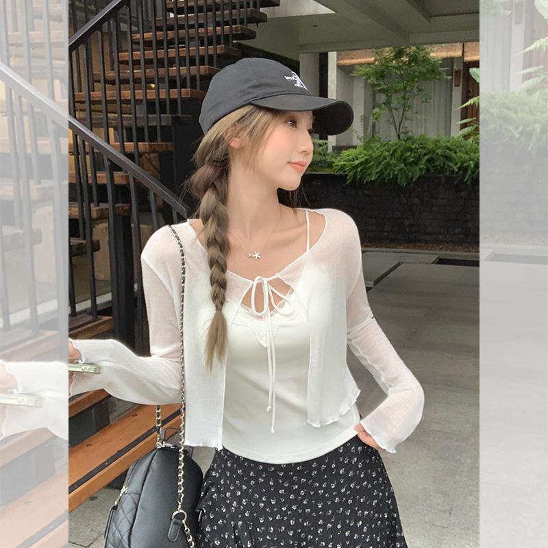 French temperament white thin fungus edge with long-sleeved sunscreen blouse cardigan women's summer with suspenders small top