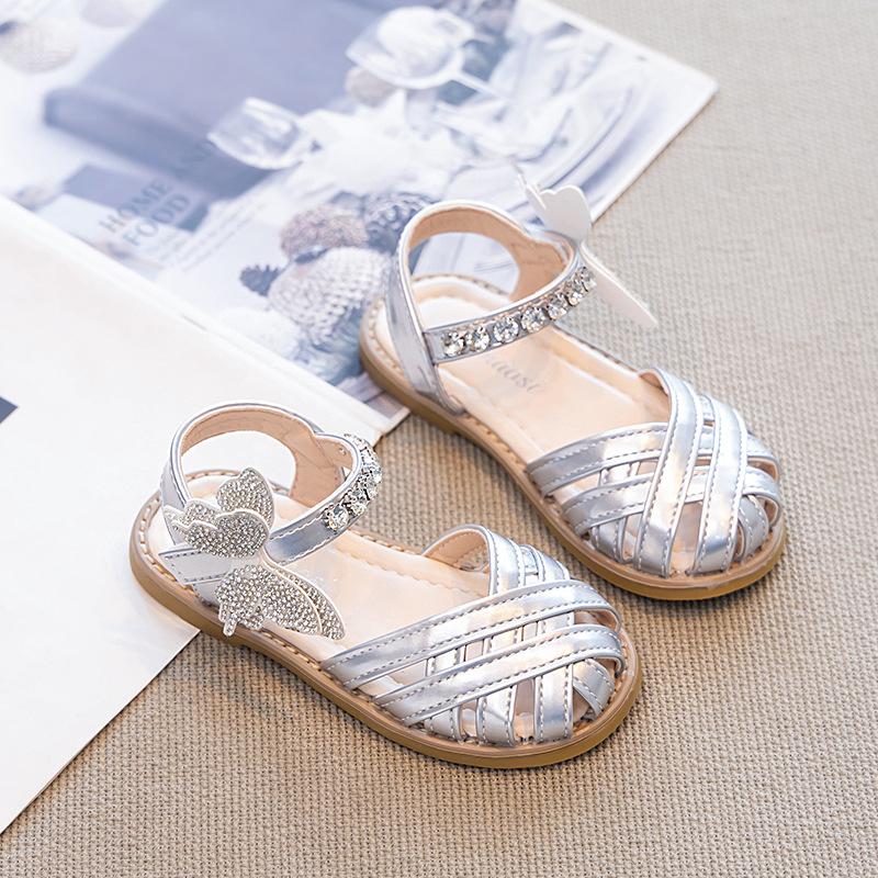 Summer Girl Closed Toe Bow Sandals Soft Sole Princess Shoes Kids Fashion Soft Bottom Children Shoes size 24 серебряный
