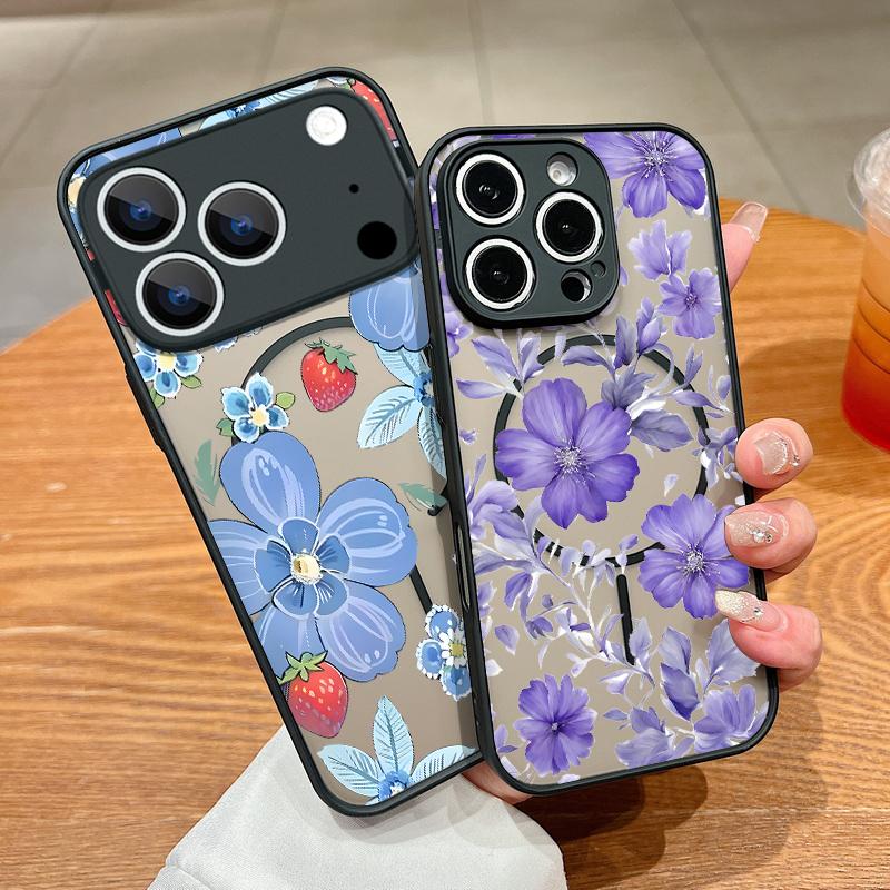 Translucent Matte Magnetic Phone Case For iPhone 17 16 15 Pro 14 13 Pro Max 16e 17e For Magsafe Blue Flower Hard PC Back Cover