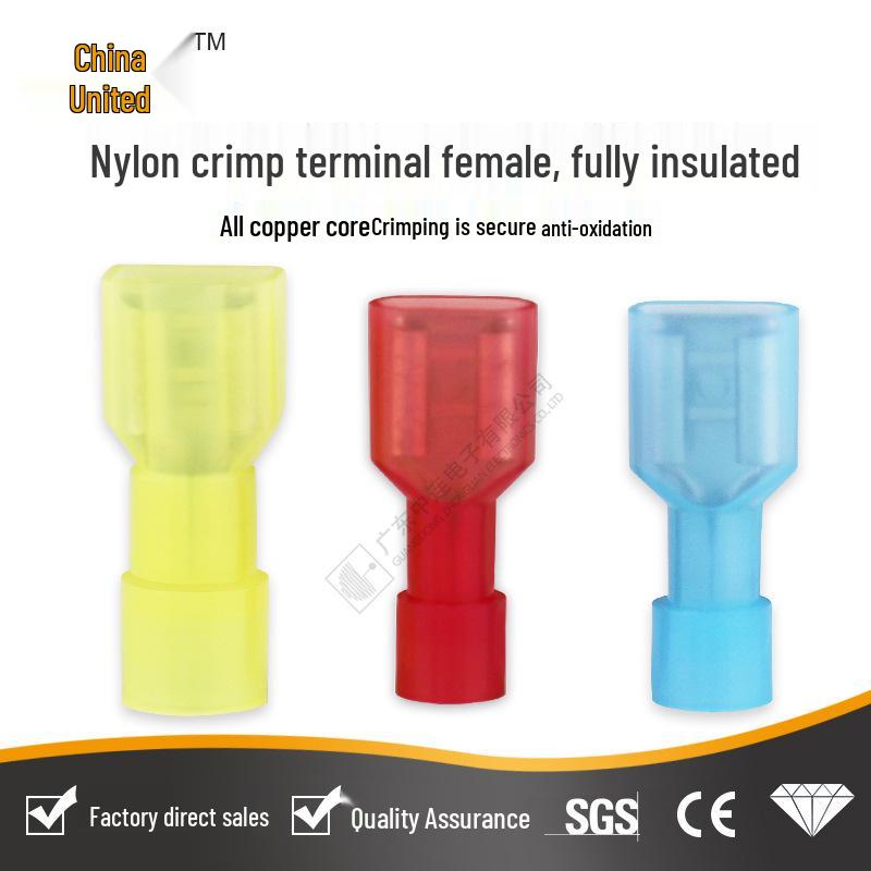 Zhonglian Insulated Nylon Spade Terminal 2-250 with Sheath - PE Material, Female End, In Stock.
