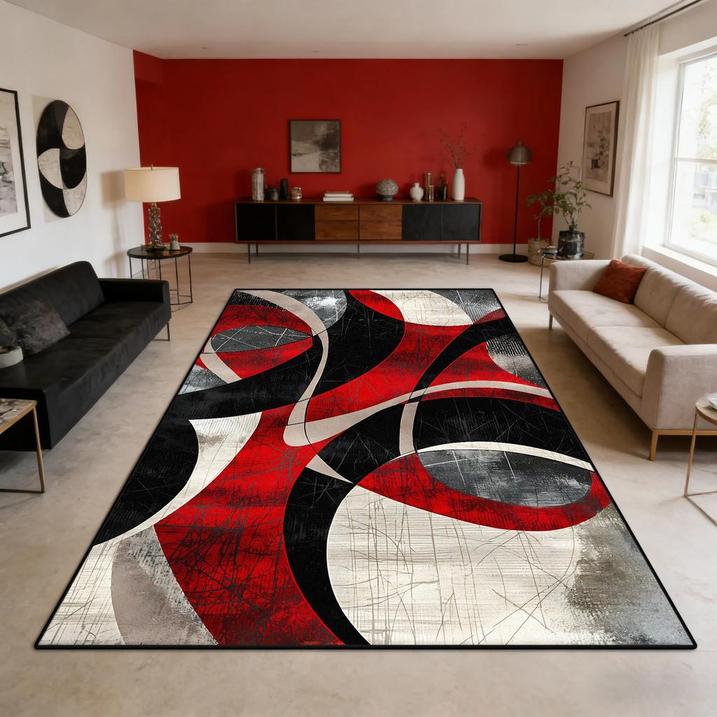 European Vintage Red and Black Carpet Modern Geometric Abstract Rug, Large Area Carpet Large Bedroom Decor Minimalists