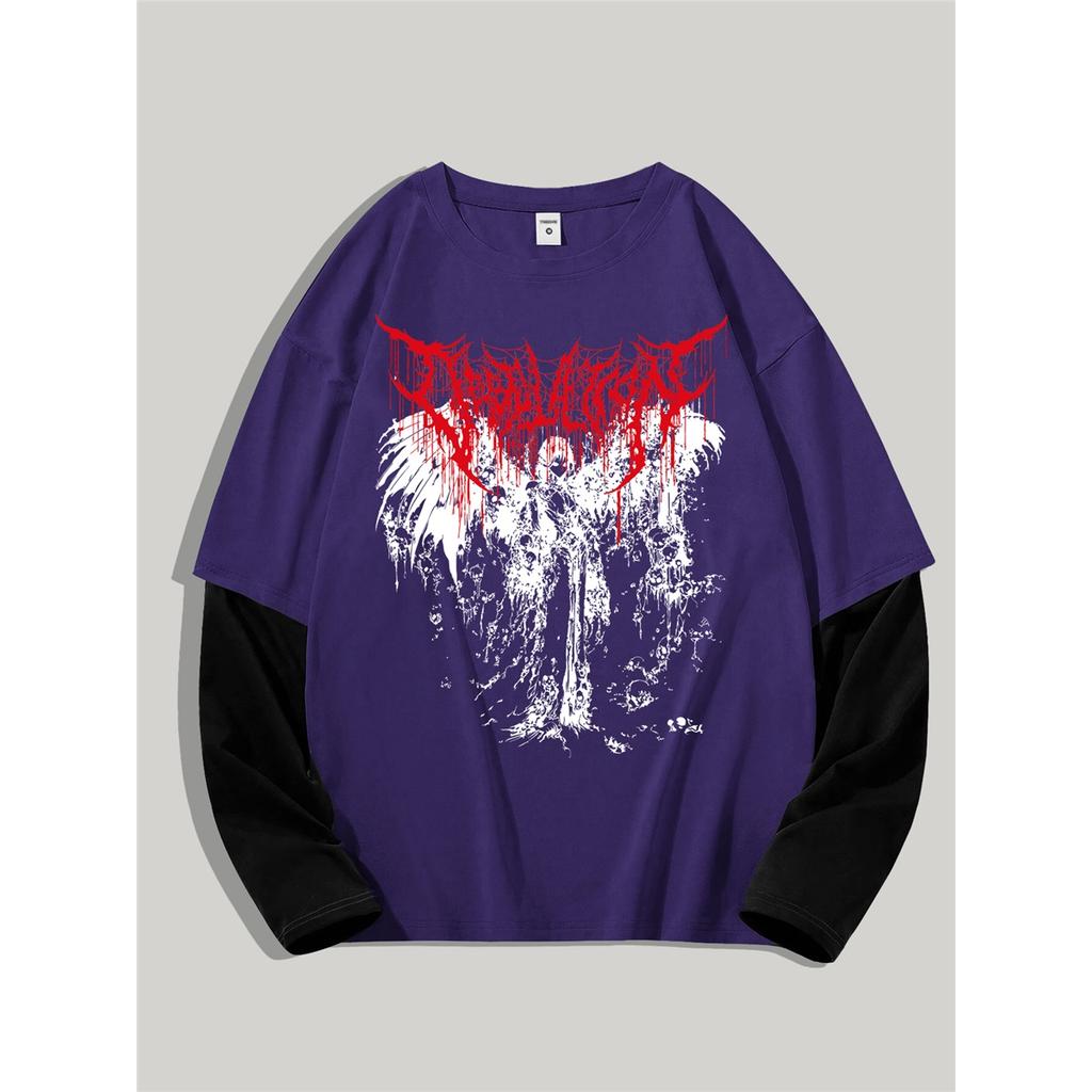 Gotische Duistere Engel Mode Print Heren Lente Kleurblok Lange Mouw T-shirt