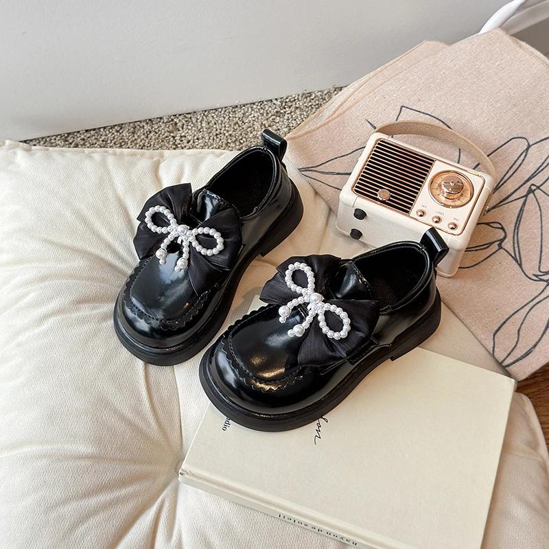 Children's Leather Shoes Spring Autumn Elegant Girl Princess Shoes Fashion Bowknot Chic Kids Black Thick Bottom Mary Jane Shoes