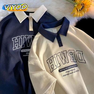 Men's Y2k Vintage Trendy Retro Waffle Polo Short Sleeve Shirts T-Shirts Summer Blouse Tops Women Korean Clothes 2024 Harajuku