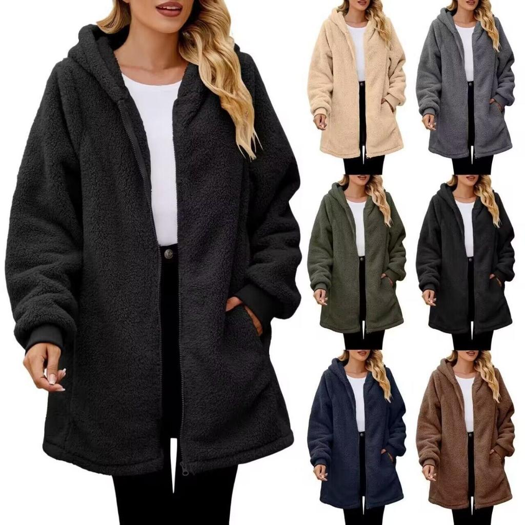 Winter New Loose Fuzzy Plush Women's Long Sleeve Hooded Zip Up Cardigan Coat for Europe America