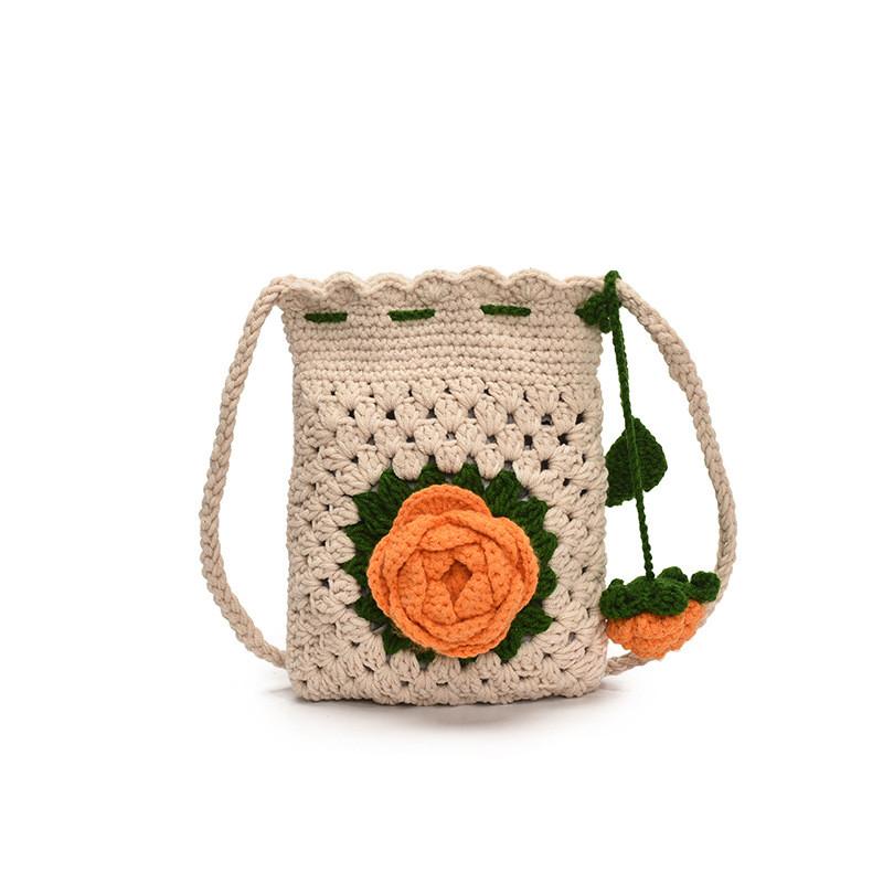 Cute Knitted Water Bucket Bag With Drawstring And Rose Design For Daily Casual Women