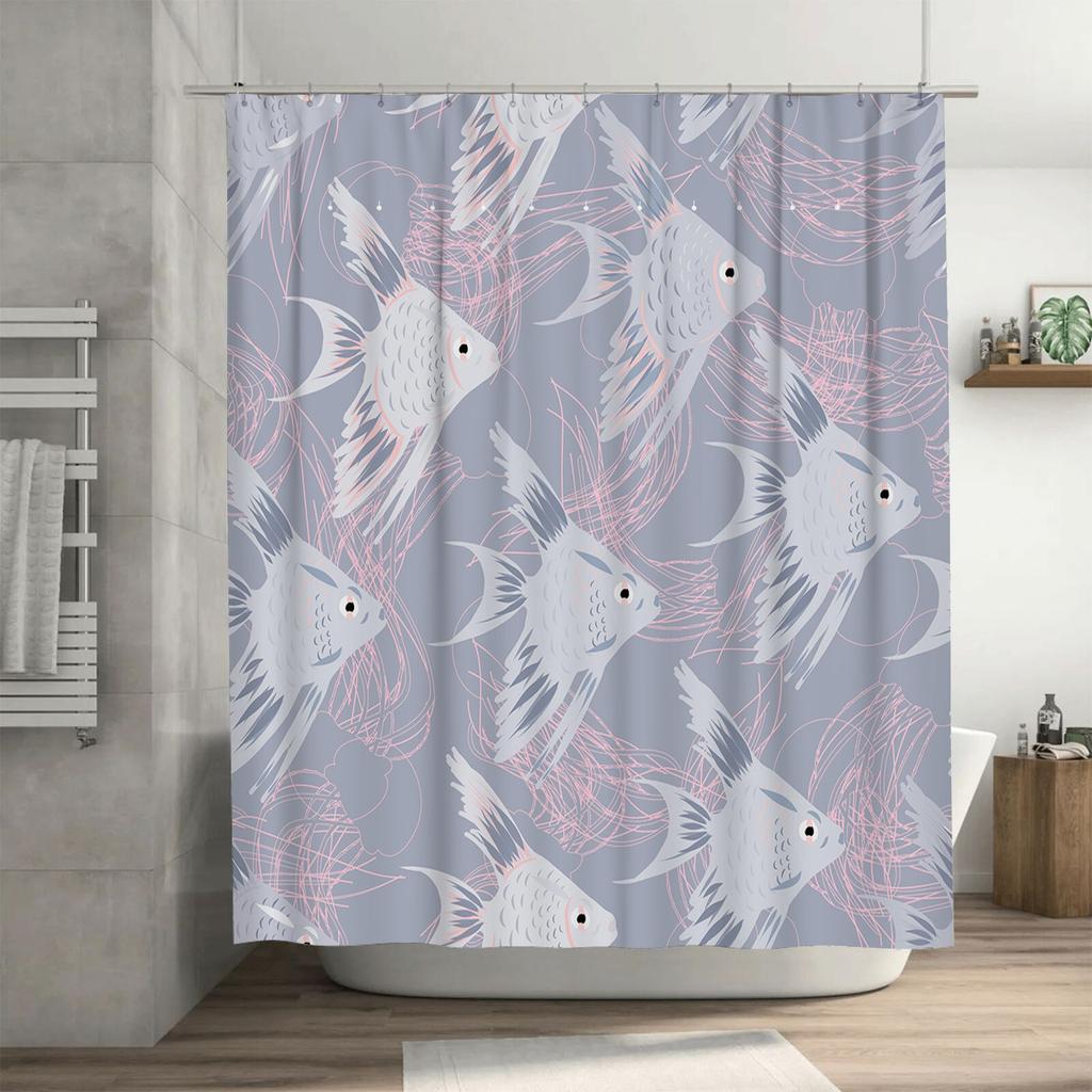 Vintage Style Fish Printed Shower Curtain Gray Pink Modern Decor Waterproof Bath Decoration Size 180cm x 180cm Unique Home Acces