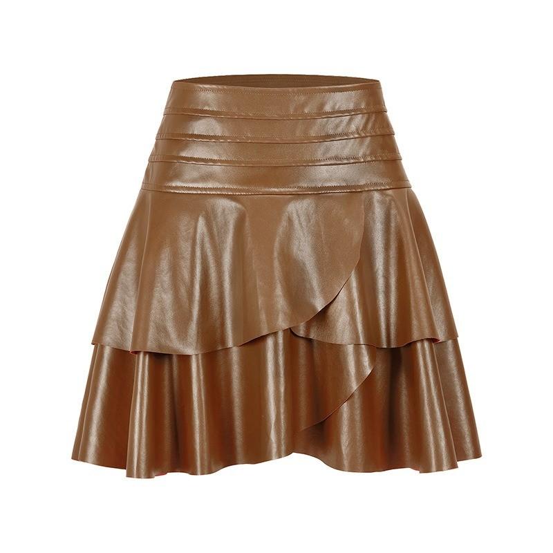 Qooth Elegant Women A Line Irregular PU Pleated Skirt Slim Mini Length Zipper Waist Casual Skirt QT2740