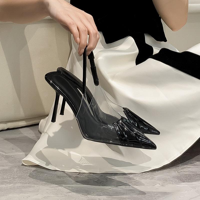 L122 High Heels, Thin Heels, Femininity, Commuter Style, Pointed Head, Fashionable and Versatile Bag Head, Empty Back, Black High Heels, Sandals, Wom