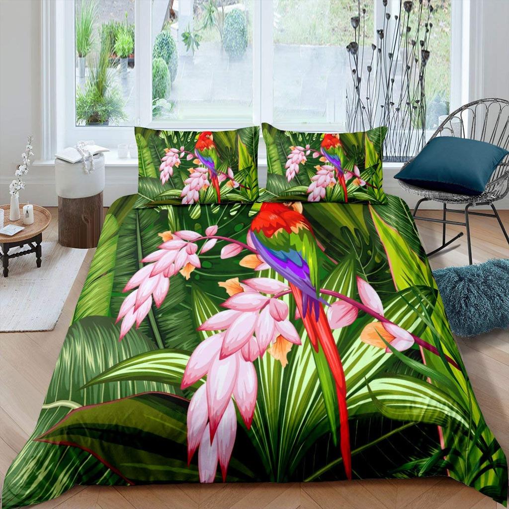 Parrot King Queen Duvet Cover Colourful Feather Bedding Set Rain Trees Bird Quilt Cover Sunset Mountain Natural Comforter Cover