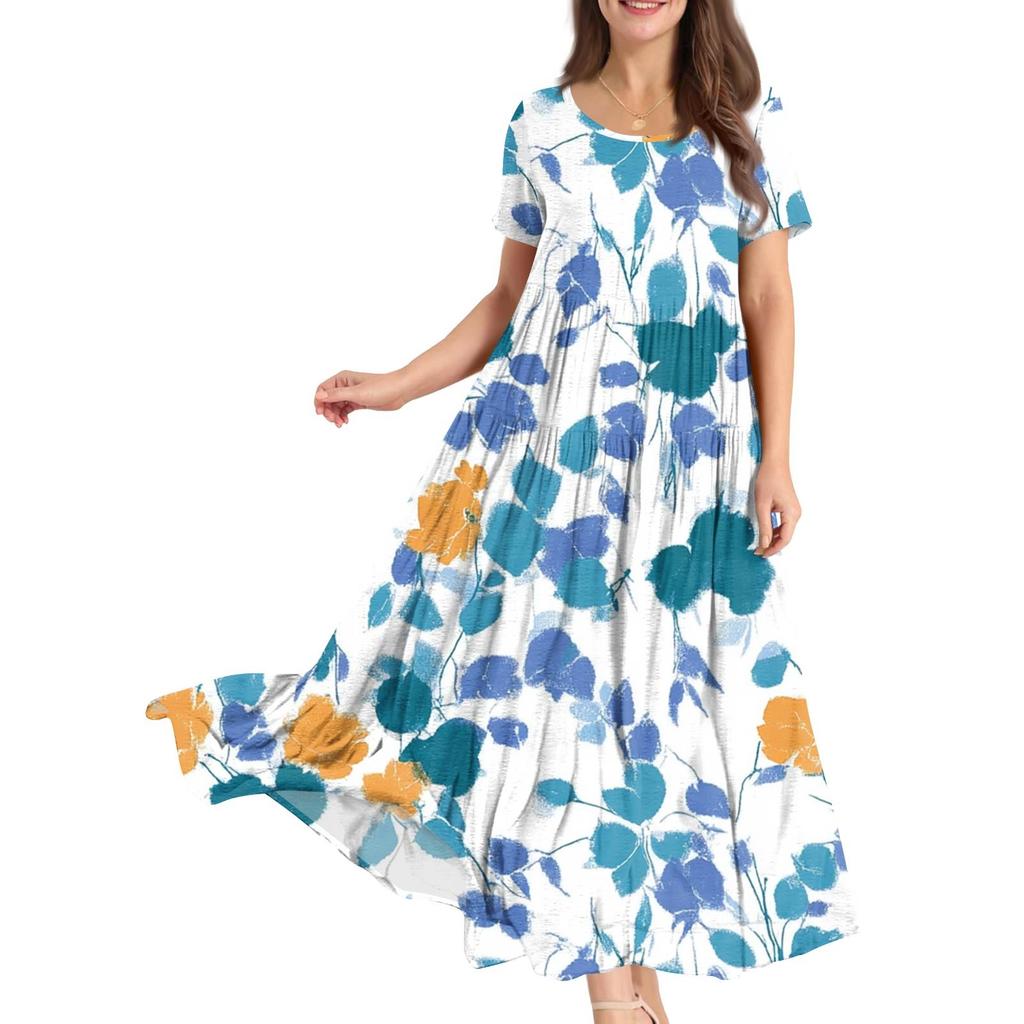Damen Sommer Rundhals Kurzarm Geblümtes Boho Lockeres Kleid