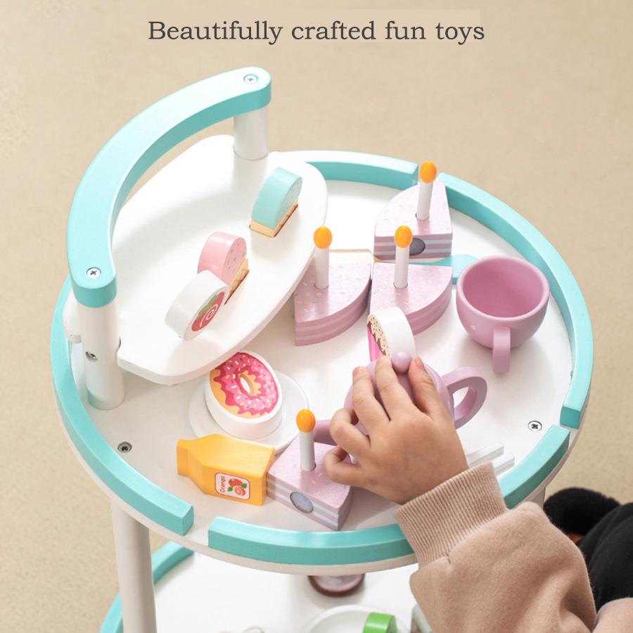 BABIBO Runder Gebäckwagen aus Holz/Teeservice für Kinderspielhaus/Snacks/Doppeltablett-Servierwagen-Spielzeug