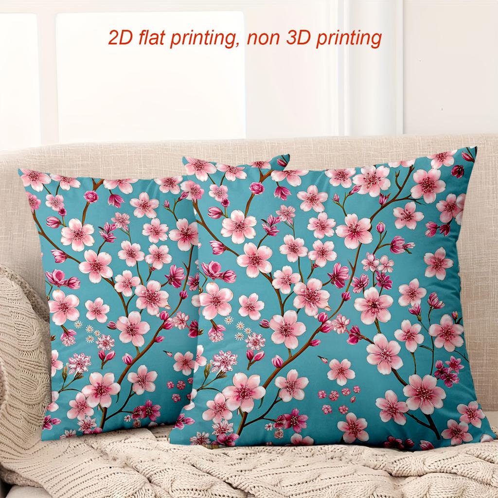 Blue Cherry Blossom Pattern Decorative Throw Pillow Cover 2D Flat Printed Polyester Sofa Cushion Case For Spring Home Decor
