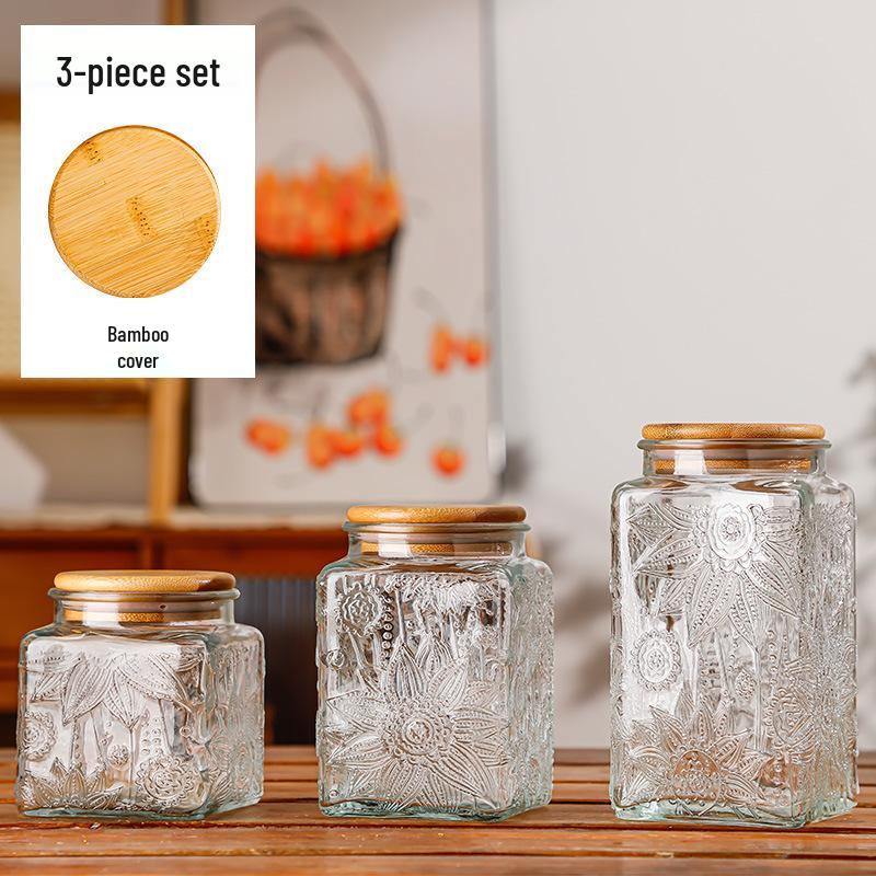 Retro Carved Storage Jar with Acacia Wood Lid for Grains, Dried Fruits, and Snacks