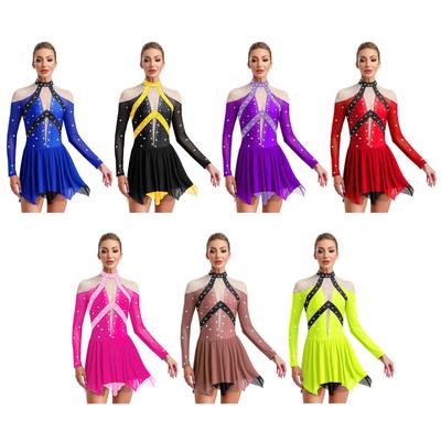 Women Figure Skating Dress Shiny Rhinestone Ballet Lyrical Dance Costume Rhythmic Gymnastics Leotard Jazz Latin Dancewear
