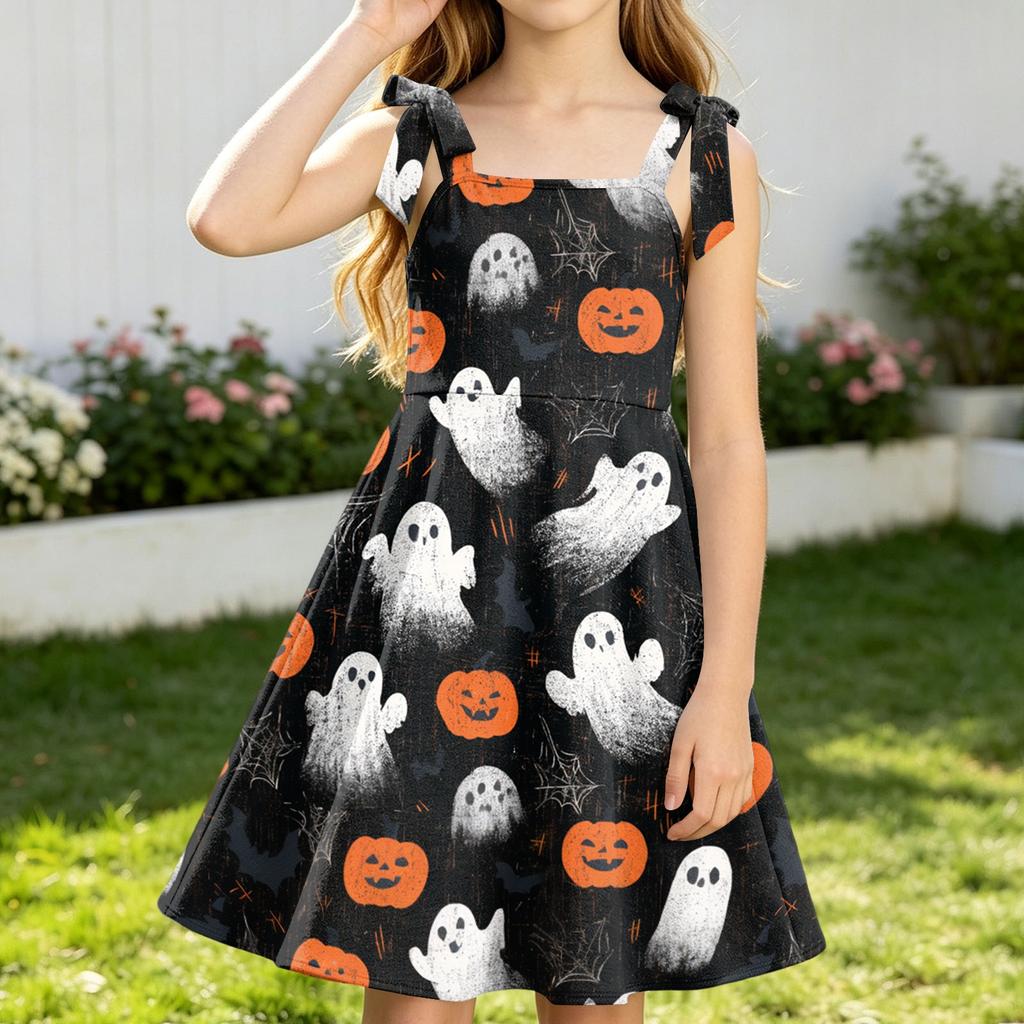 Girls Halloween Printed Sleeveless Spaghetti Strap Dress for Party and Daily Wear