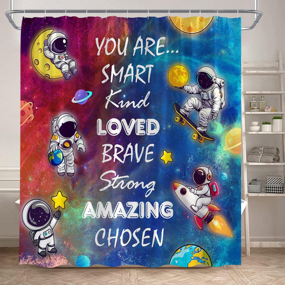 Kids Outer Space Funny Shower Curtains Astronaut Quotes Cartoon Galaxy Planets Child Cute Rocket Art Printed Home Bathroom Decor