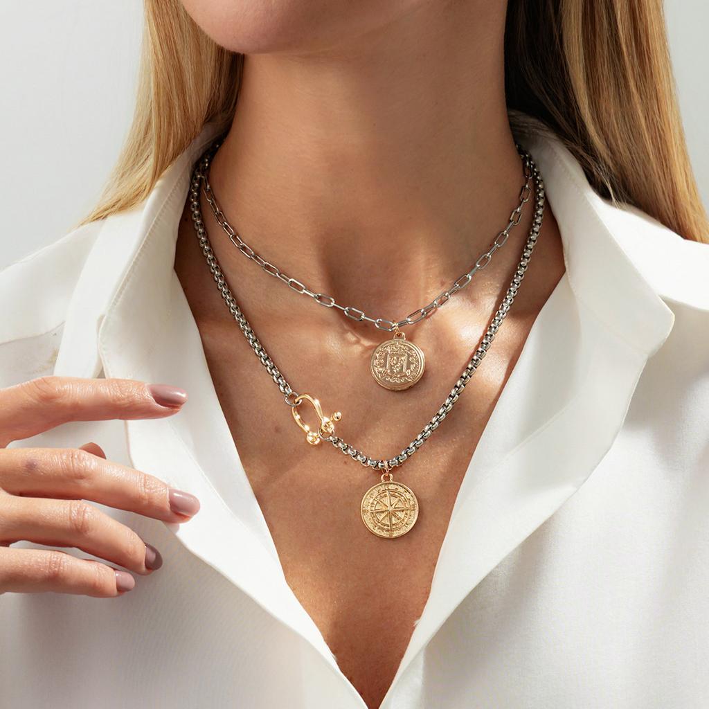 Hip-Hop Style Metal U-Shaped Horseshoe Buckle Chain Necklace, Creative Diamond-Encrusted Mango Star Pendant Stacked Necklace