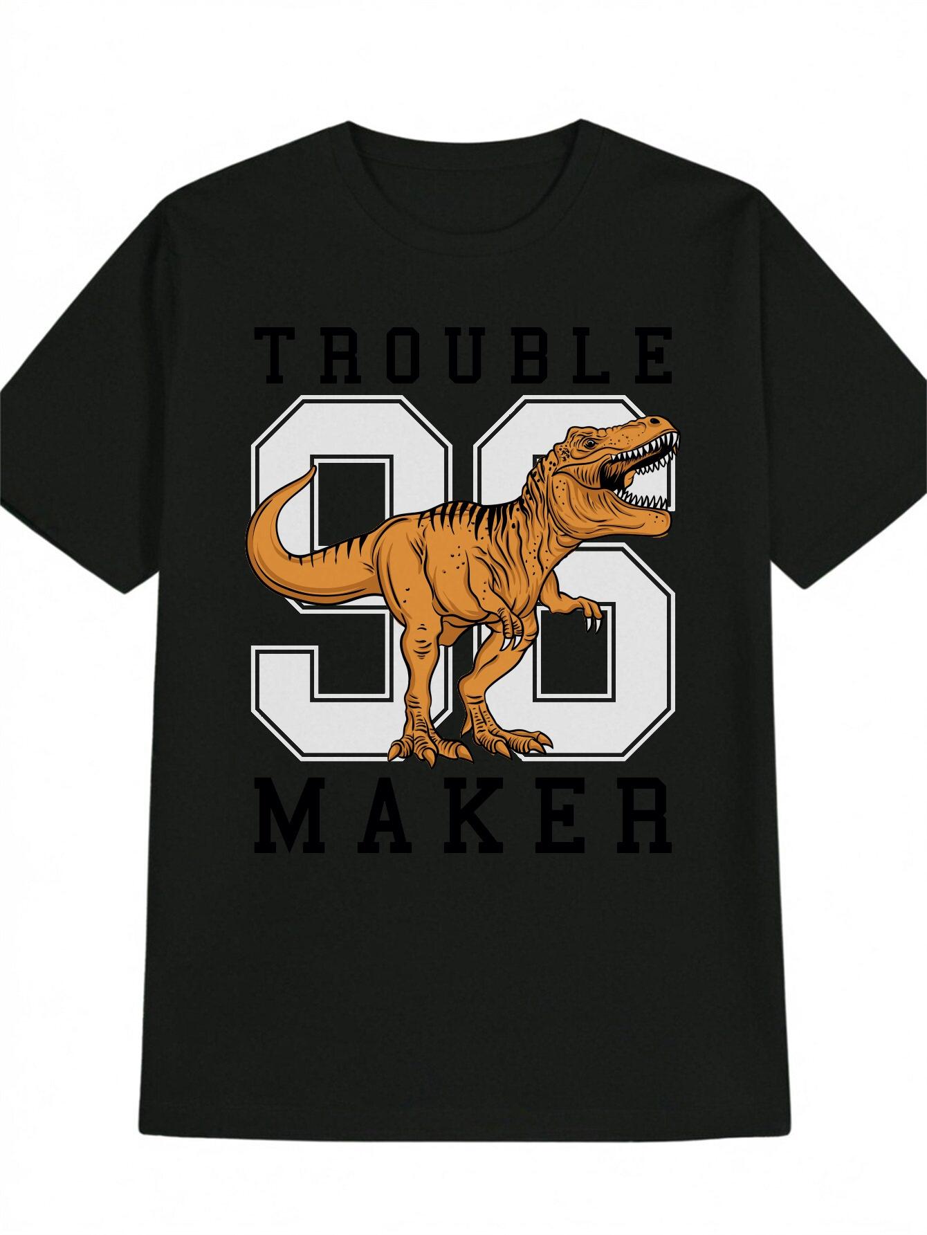 Casual Graphic T-shirt with TROUBLE Maker Dinosaur Print - Black Round Neck Summer Tee S
