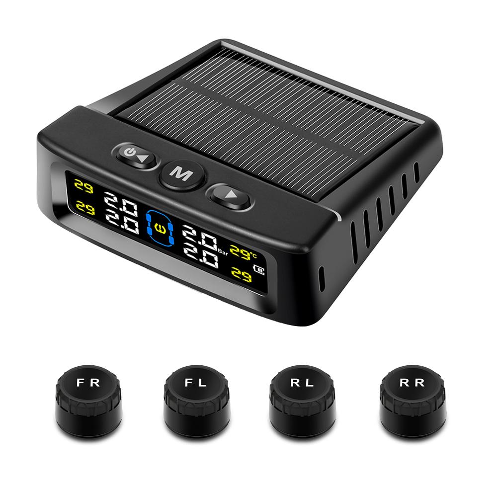 Solar Powered Car Tire Pressure Security Alarm Monitor System 4 Sensors Display Intelligent Tyre Pressure Temperature Warning