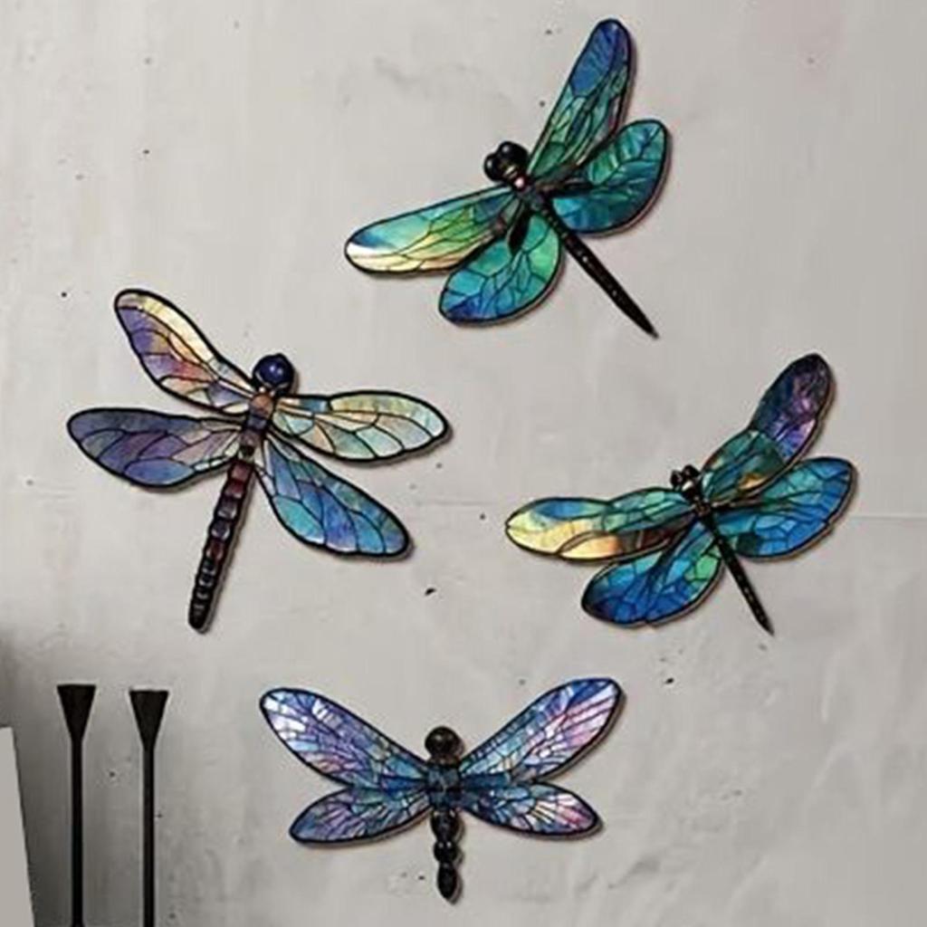 Dragonfly Wall Art Wooden Dragonfly Wall Decoration 4 Pieces Colorful Garden Decoration Sculpture Outdoor Hangings for Patio
