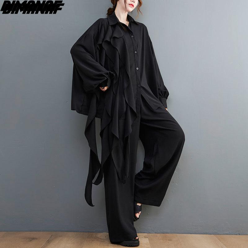 DIMANAF 2021 Women Two Piece Set Casual Tassel Lace Tops Shirts Autumn Loose Wide Leg Pants Oversized Spring Summer Oversize