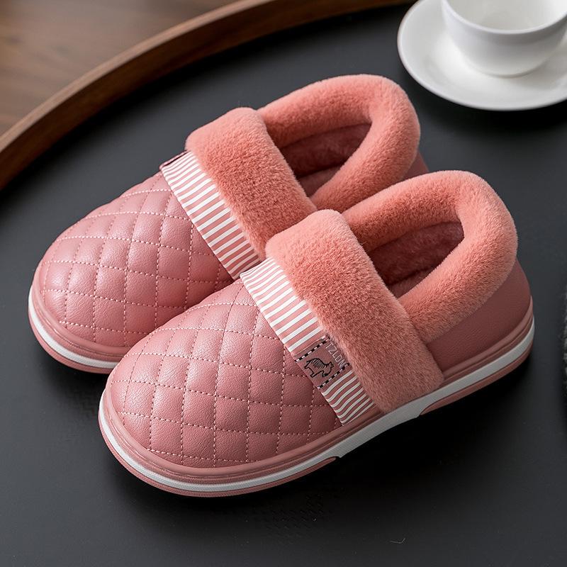 Waterproof Leather-Cotton Slippers, Non-Slip Closed Heel for Indoors