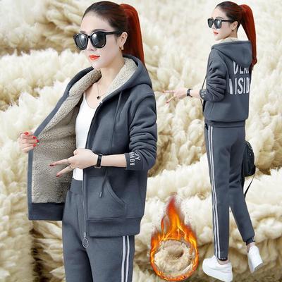 Lamb Fleece Sweater Suit Women's Autumn and Winter Casual Plus Velvet Thickened Sportswear Winter Two-piece Women's Clothing