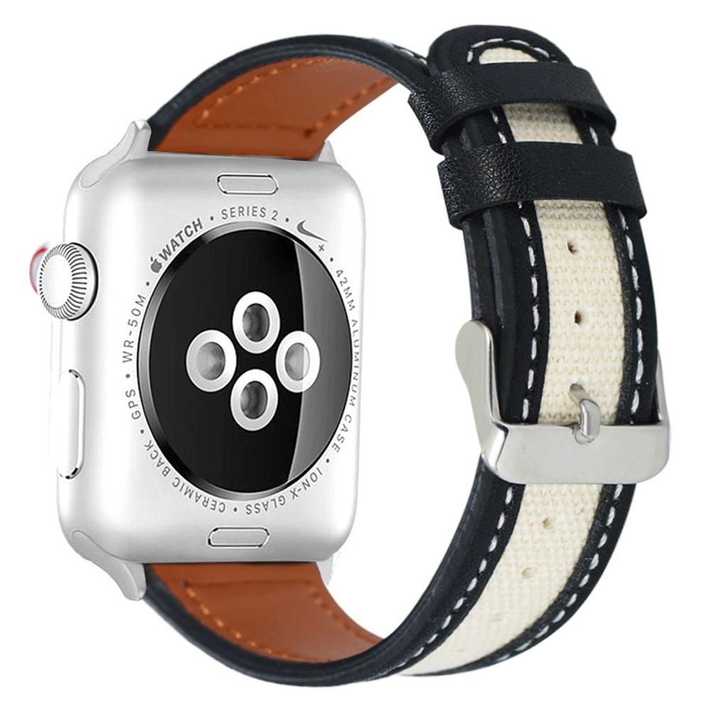 

Watch Band for Apple Watch Series 10 42mm/9 8 7 41mm/SE (2023) SE (2022) SE 6 5 4 40mm/3 2 1 38mm Cow Leather+Fabric Wrist Strap Black/White