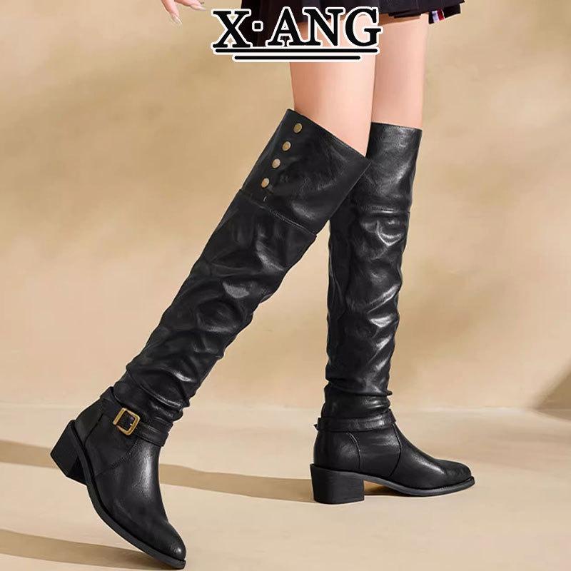 Cowhide Version Brown Over-the-knee Boots Children Wear Two Long Boots Pointed Thick Heel Thin Knight Boots Stack Boots High Boots
