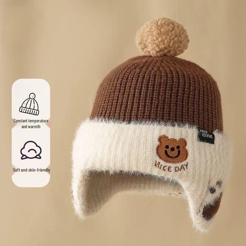 

Children s Velvet Mink Fur Bear Hat - Cute Korean Style Autumn/Winter Ear Protection One Size кофейный