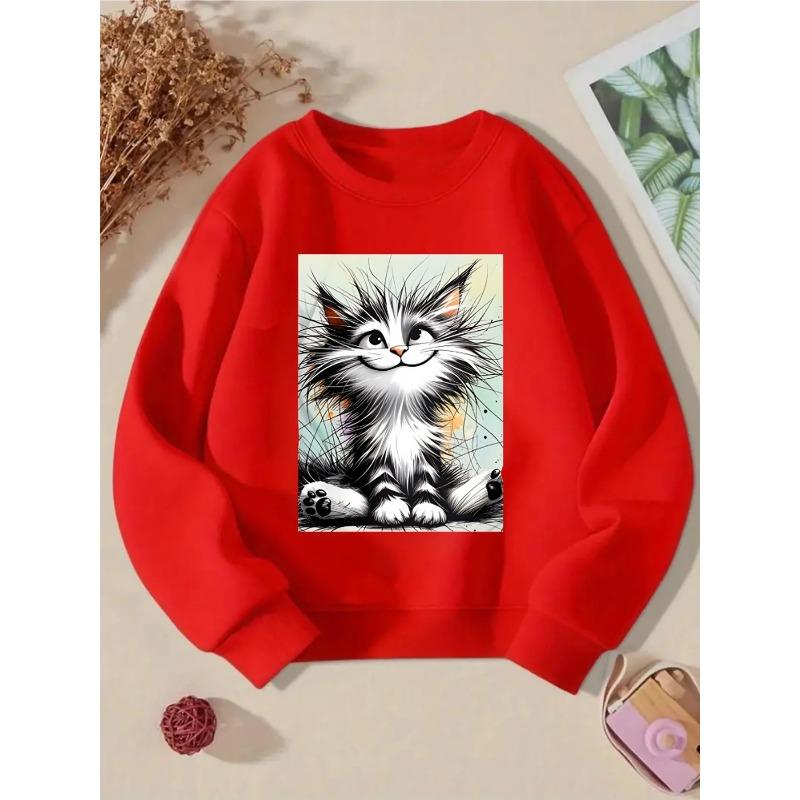 Unisex Crewneck Sweatshirt - Fluffy Black And White Cat Sitting Machine Washable, Spring And Autumn, Sportswear And Casual Wear, Soft