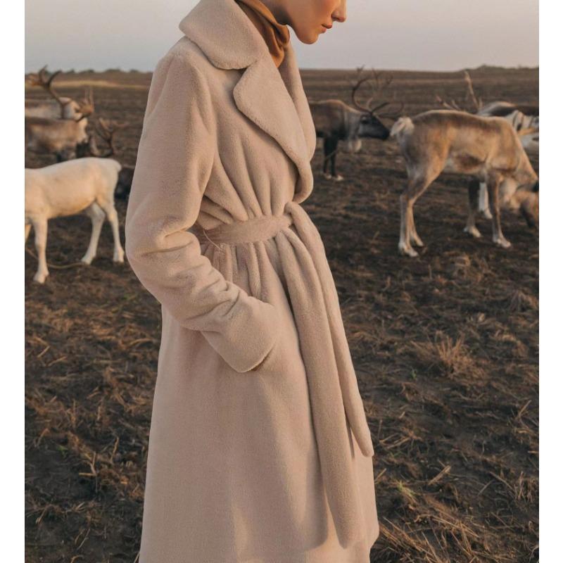 Dámský podzimní zimní zahuštěný dlouhý kabát z norkového sametu, luxusní bunda z imitace králičí kožešiny s páskem, klopami, trenčkot