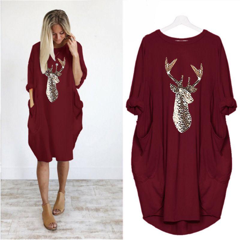 Women's Christmas Deer Pattern Printed Round Neck Dress With Full Sleeves And Stylish Design