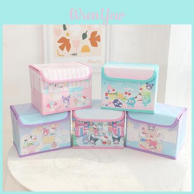 Hello Kitty Kuromi Cinnamoroll Melody Grid Pattern Foldable Flip Storage Box For Office And Bedroom Storage