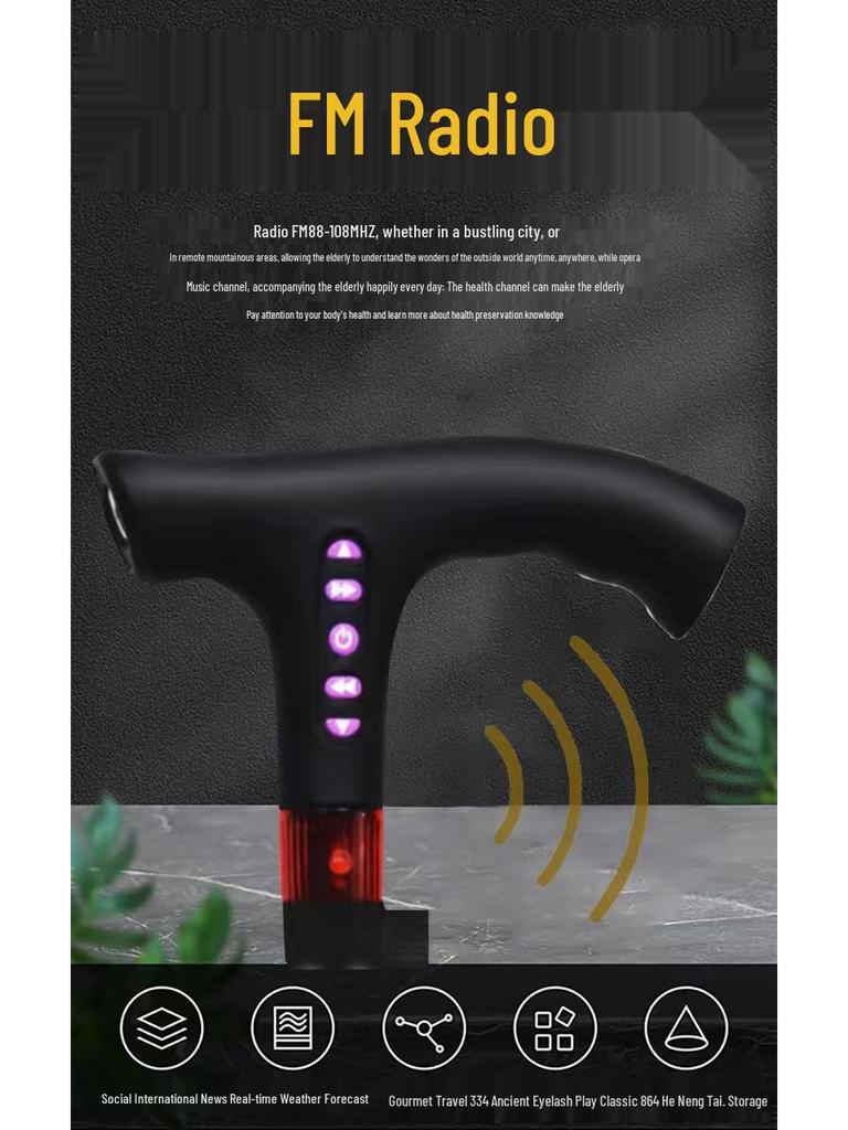 LED Smart Elderly Cane with Alarm, Radio, Retractable Legs & Non-slip Base