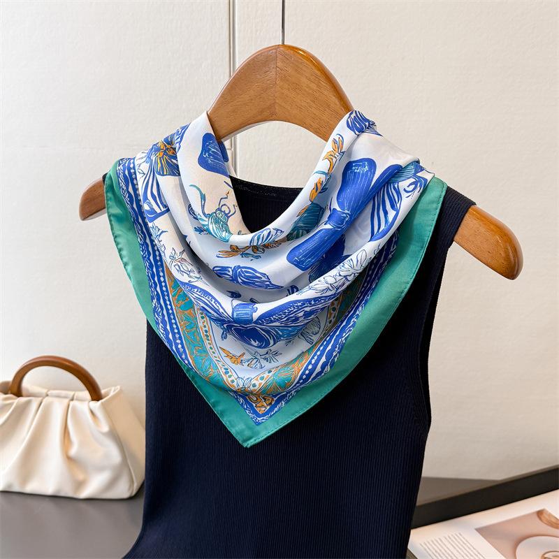 Spring Summer Luxury 70Cm Square Silk for Women's Scarf Animal Insect Printed Satin Scarves Shawl Headscarf Headband Bandana