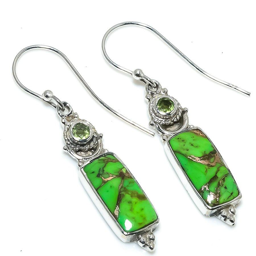 Natural Copper Turquoise,Peridot 925 Solid Sterling Silver Earring 1.50" t8o86