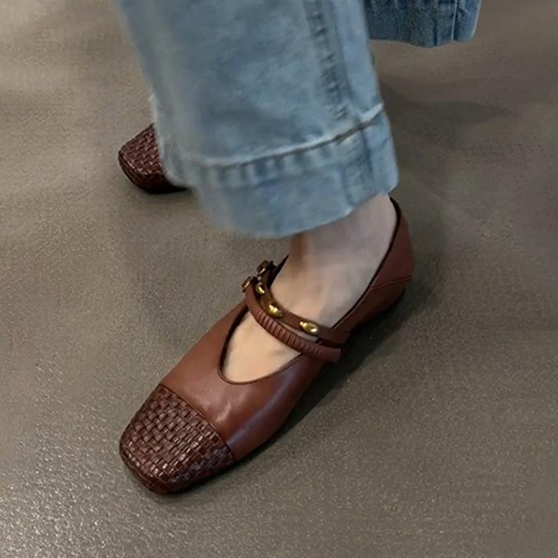 

Sheepskin version~ genuine leather retro hand-woven flat-bottomed shallow mouth single shoes women s fashion new one-pedal Mary Jane shoes 40 коричневый