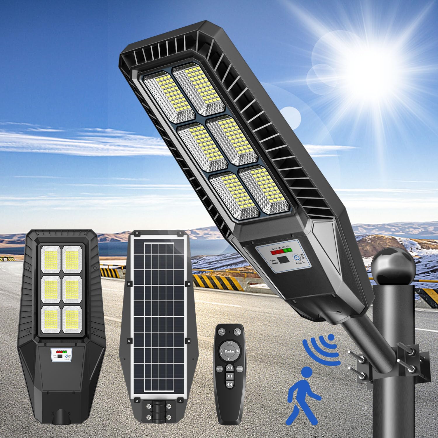 

Qifeiyax LED Solar Street IP66 Outdoor Solar High Sensor Human 5 Pattern Lighting Lighting Automatic Security Remote Control Solar Street Solar Power чорний