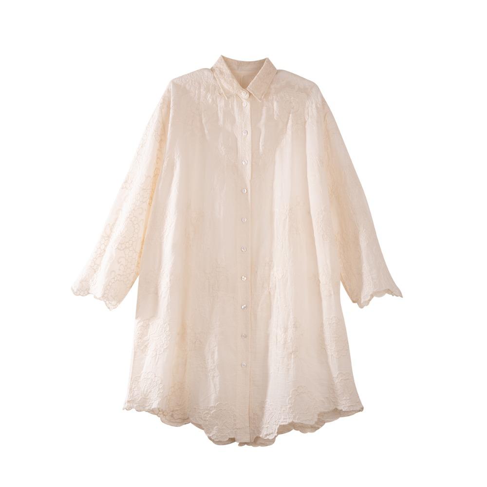 DIMANAF 2025 Spring Linen Blouse Shirt Long Sleeve Cardigan Women Blouse Fashion Long Lace White Floral Tops Loose New