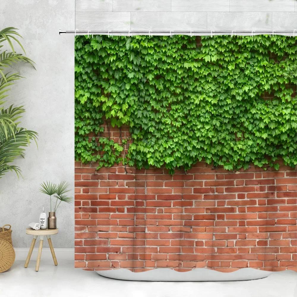 Brick Wall Shower Curtain Vintage Vines Spring Greenery Nature Scenery Leave Farm Flower Polyester Fabric Bathroom Decor Curtain