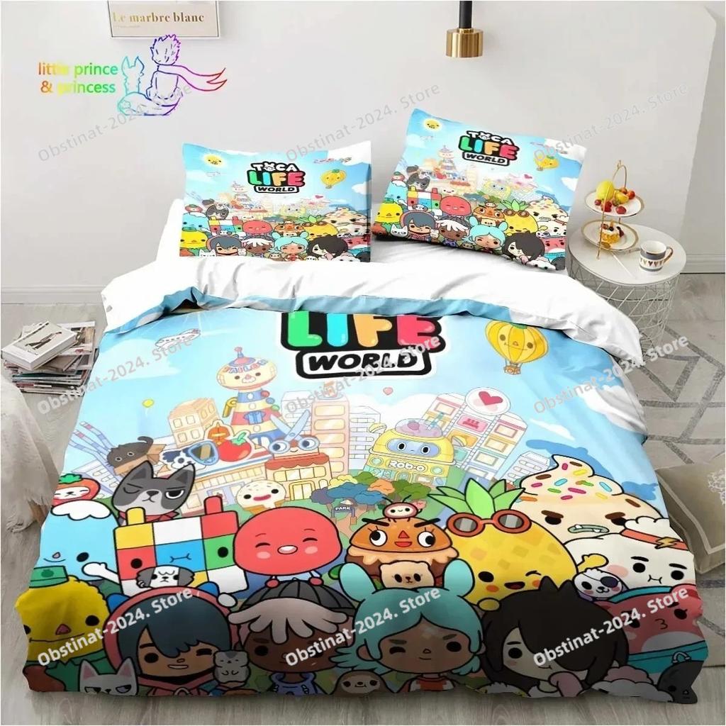 T-Toca Box Life World Cartoon Bedding Set Single Twin Full Queen King Size Bed Set Adult Kid Bedroom Bedding Gift