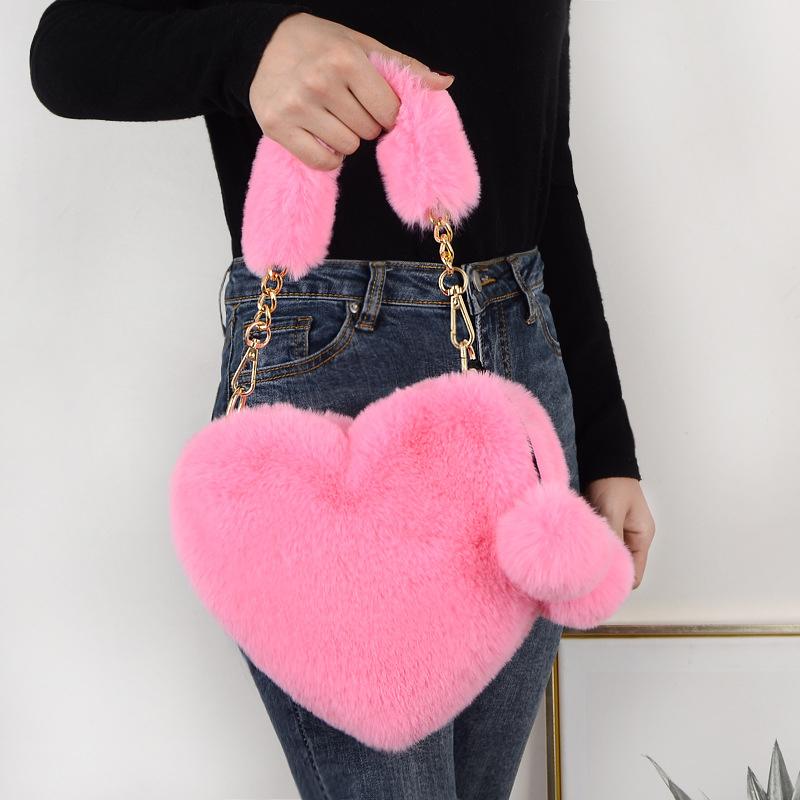 Trendy Ladies Plush Love Heart Shaped Fashionable Solid Color Soft Comfortable Purses Popular Women Hand Bags