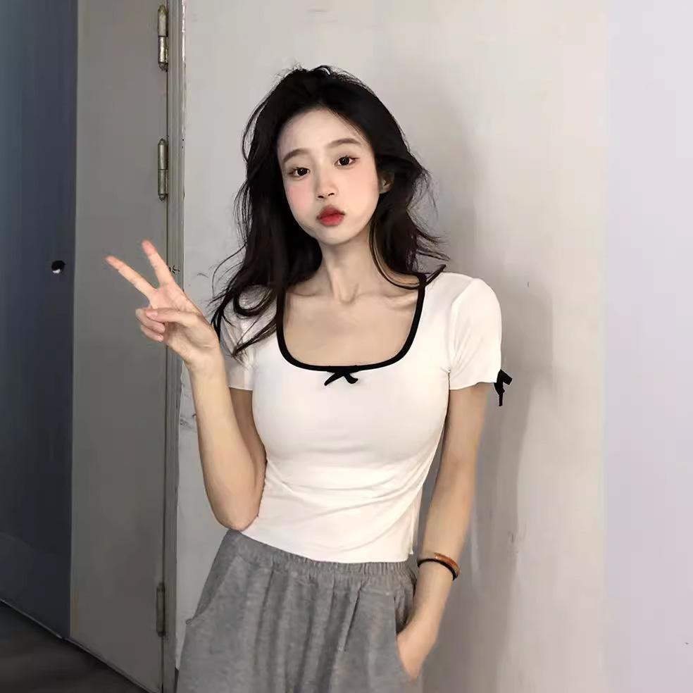 

Unique design sense summer niche fashion square collar small sweet and spicy pure cotton short-sleeved T-shirt women s short thin top M белый
