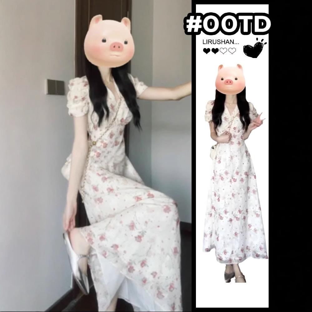 Coffee Break French Bubble Sleeve Floral Dress Women's Small Gentle Sweet Skinny Temperament Waist White Long Dress
