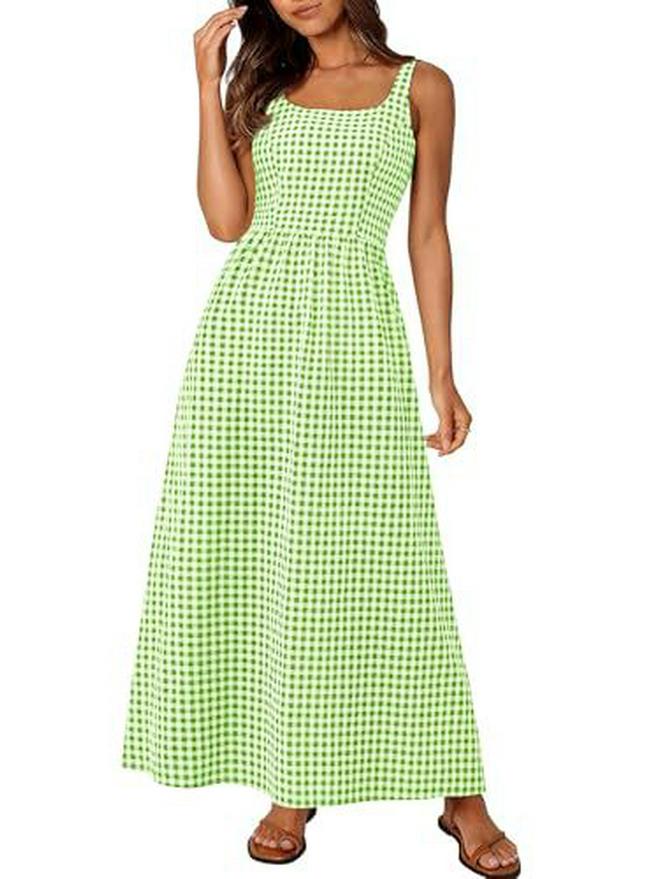 European & American Style Square Neck Plaid Shirred Dress - Fashionable Strappy Casual Women's Dress