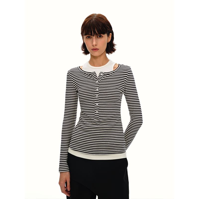 Redolence Fake Two-Piece Striped Slim-Fit Long-Sleeve Top with Unique Design for Everyday Wear and Commuting