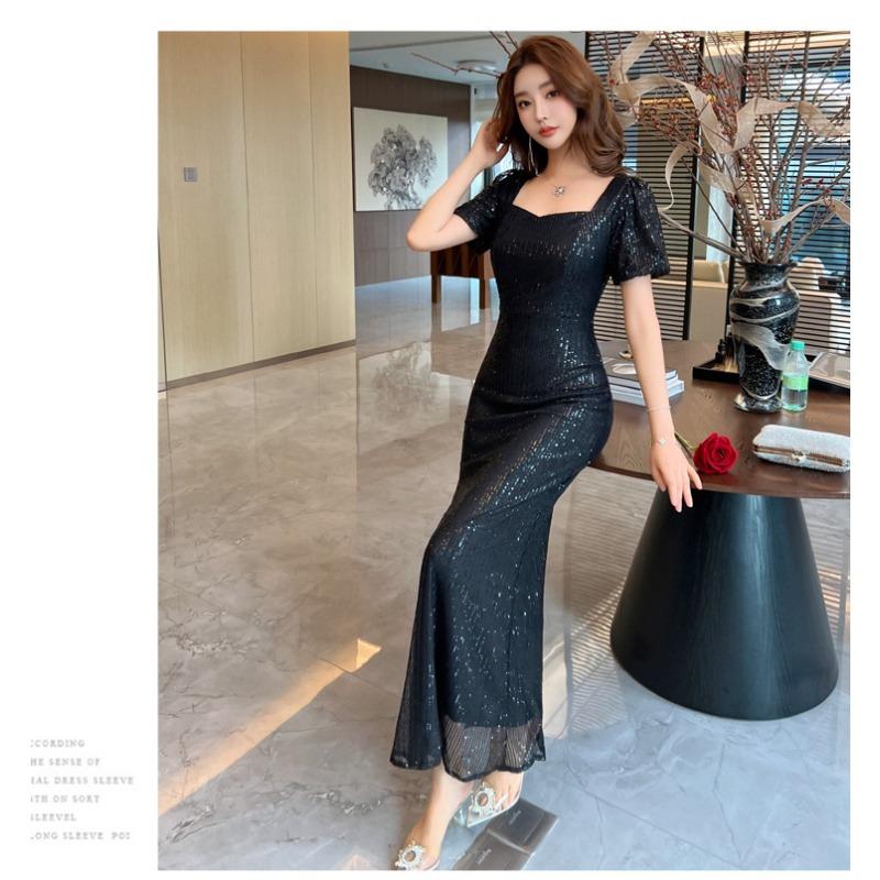 Solid color evening dress skirt women's high-end toasting clothes light luxury sequins niche banquet host fishtail dress